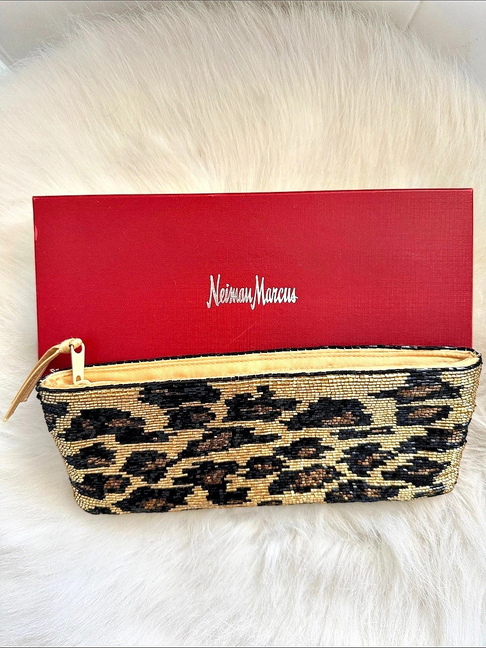Neiman Marcus Beaded Leopard Print Clutch Pouch Gold & Black